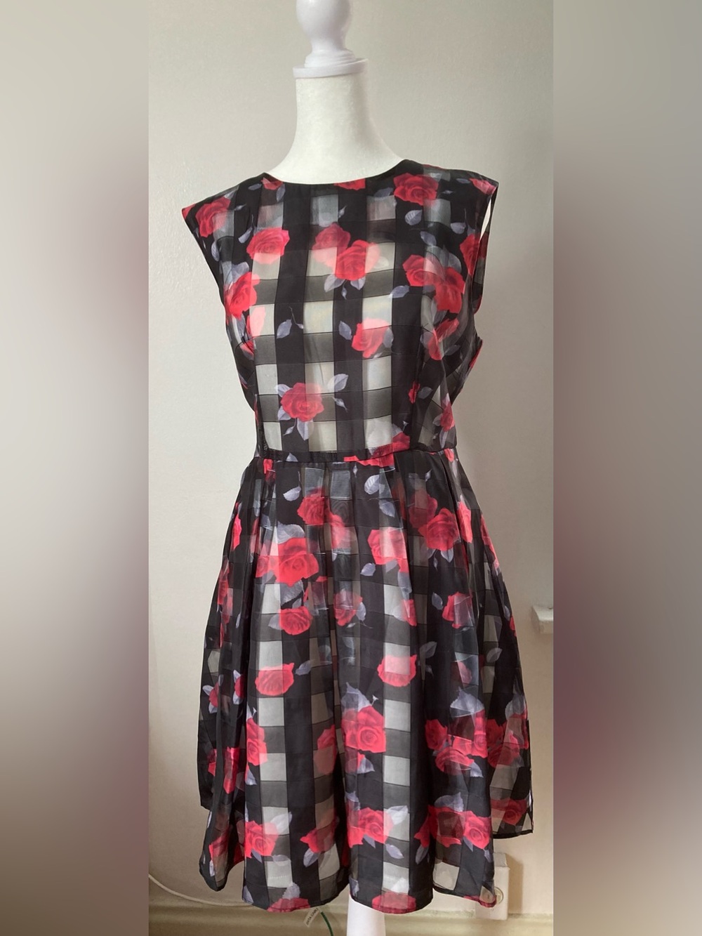 💃 Waist 34” Red Rose Floral Check Sleeveless Dress - Size L / XL